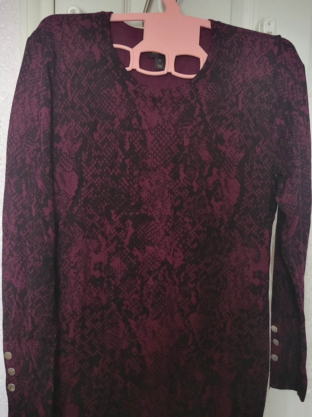 J M CollectionWomens Long Sleeve Faux-Snakeskin Crewneck Top - Plum